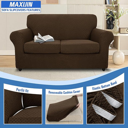 MAXIJIN 3 Piece Jacquard Couch Covers for 2 Cushion Couch Stretch Non Slip Love Seat Couch Cover for Dogs Pet Friendly Elastic Furniture Protector Loveseat Slipcovers (Loveseat, Dark Coffee)