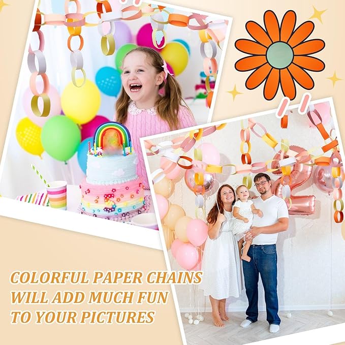Lincia 600 Sheet Paper Chain Garland Strips 1x8 Inch with Double Sided Tape, DIY Construction Paper Chains for Birthday Wedding Holiday Party Decorations, Crafts Supplies (Groovy)