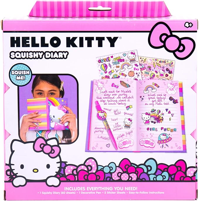Hello Kitty Slow Rise Squishy Diary Kit for Kids DIY Kawaii Fidget Journal Soft Squeeze Sensory Cover Stickers and Pen Included Creative Writing Craft Toy Gift for Girls Ages 4 +