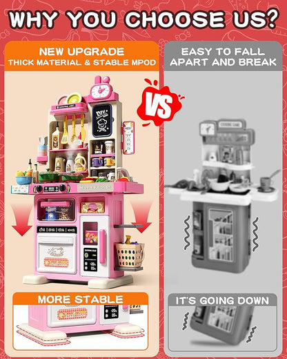 33.8IN Kids Kitchen Playset, 70PCS Kid Play Kitchen with Realistic Lights & Sounds, Spray Sink Toy Kitchen Accessories, Pretend Food Toys Kitchen for Boys Girls Toddlers(Pink)