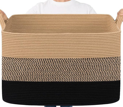 Goodpick 105L Extra Large Blanket Basket 25" x 16" x 16" Cotton Rope Storage Baskets for Organizing, Wicker Laundry Basket with Handles, Rectangle Woven Baskets for Storage, Black & Jute
