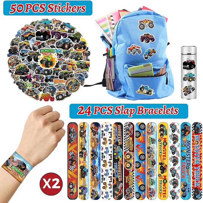 Monster Truck Party Favors, 24 Pcs Monster Truck Slap Bracelets 50 Pcs Monster Truck Stickers Monster Truck Birthday Party Decorations Supplies Gifts for Kids Boys Classroom Rewards