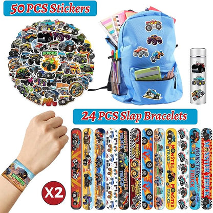 Monster Truck Party Favors, 24 Pcs Monster Truck Slap Bracelets 50 Pcs Monster Truck Stickers Monster Truck Birthday Party Decorations Supplies Gifts for Kids Boys Classroom Rewards