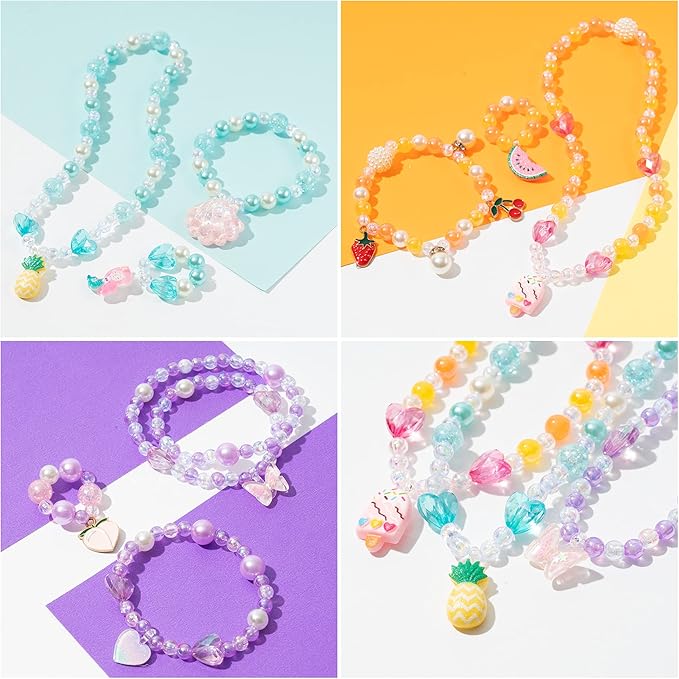 OSNIE Summer Rainbow DIY Bead Jewelry Making Kit for Kids with Watermelon Pineapple Ice Cream Strawberry Peach Cherry Y2K Beads and Charms for Bracelets Rings Necklaces Creativity Art Crafts, 400Pcs+