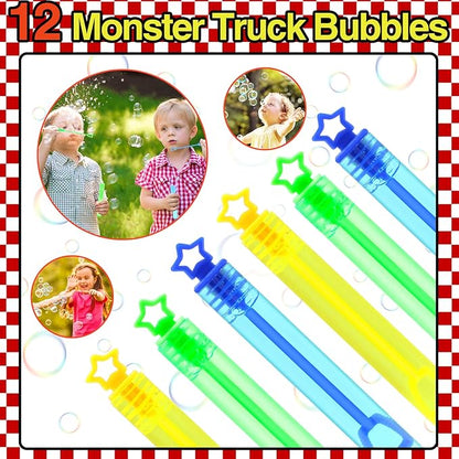 110 PCS Monster Truck Party Favors Birthday Supplies with Drinking Straws, Silicone Bracelets, Bubble Wands, Keychains, and Monster Truck Pinata for Boys Goodie Bag Stuffers