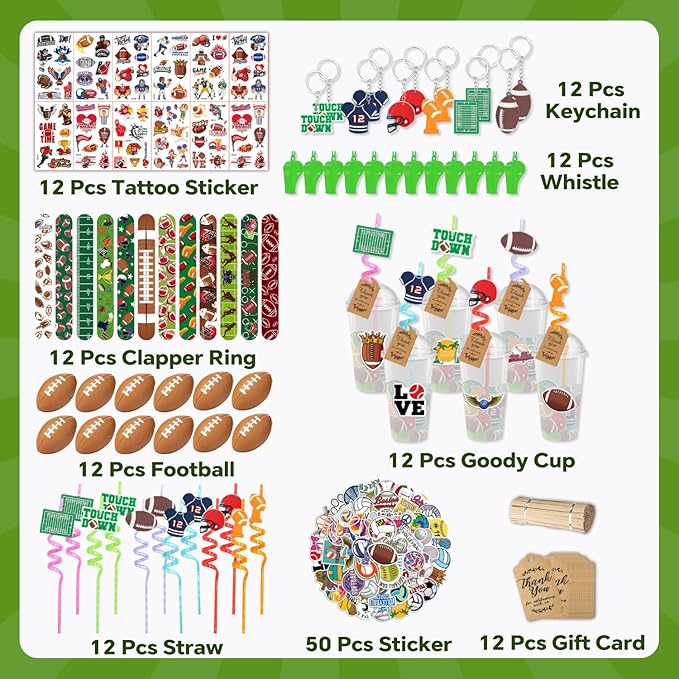 Football Party Favors, 172 pcs Birthday Party Supplies contains Cups, Straws, Whistles, Bracelets, Keychains, Stickers, Soft Balls, Tatoo Stickers, Thank You Tags for Sport Themed Birthday Decors