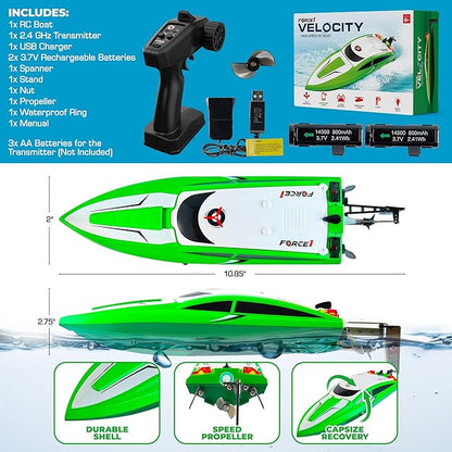 Force1 Velocity Green Fast RC Boat- Remote Control Boats for Adults and Kids, Underwater Speed Racing Mini RC Toy for Pools and Lakes, 2.4GHZ Transmitter, 2 Rechargeable Batteries, Low Battery Alert
