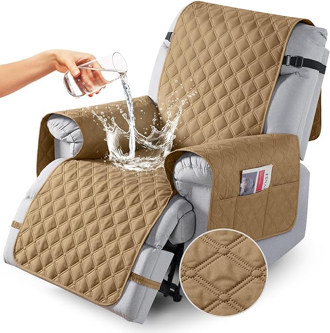 TAOCOCO 100% Waterproof Recliner Covers, Recliner Sofa Covers with Leg Straps, Reversible Recliner Couch Cover for Reclining Chair, Washable Couch Protector for Pets Kids(1 Seater 22", Camel)