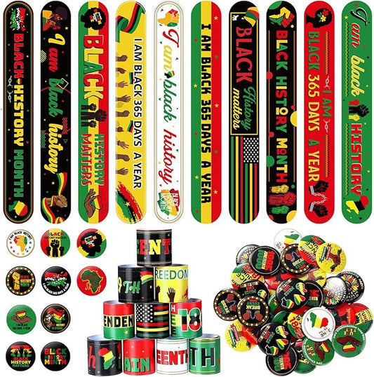 Frienda 60 Pcs Black History Month Party Favors Black History Slap Bracelets and Badge Pins for Freedom Day Patriotic Party Supplies for Black American Independence Day 1865 Juneteenth Decor