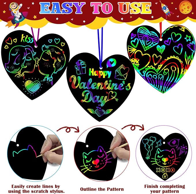 OHOME Valentines Day Crafts for Kids - 48 PCS Valentines Magic Rainbow Scratch Paper Cards Set,Kids Valentines Day Gifts for School Classroom - Valentines Treats Toys Games Party Favors for Toddler