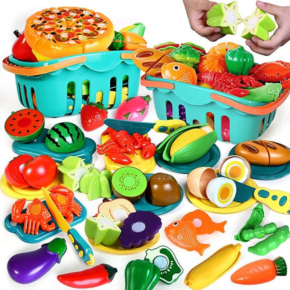 100 Pcs Play Food Set for Kids Kitchen, Pretend Food Toy for Toddlers Age 1-3, Plastics Cutting Fake Food/ Fruit/ Vegetable Accessories with 2 Baskets, Birthday Gifts for 2 3 4 5 Years Old Boys Girls