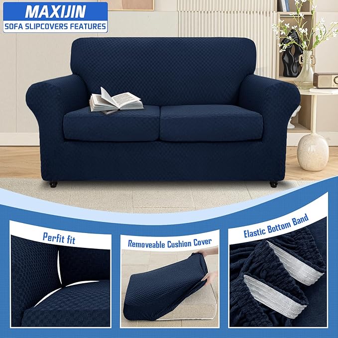 MAXIJIN 3 Piece Jacquard Couch Covers for 2 Cushion Couch Stretch Non Slip Love Seat Couch Cover for Dogs Pet Friendly Elastic Furniture Protector Loveseat Slipcovers (Loveseat, Navy Blue)