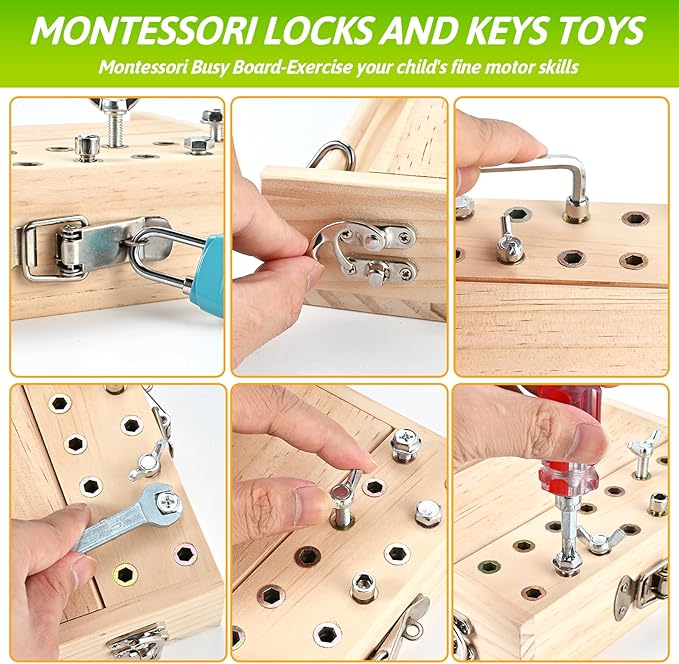 Montessori Screwdriver Board Set, Montessori Toys for 3 4 5 with 6 Locks and Keys, Toddler Screwdriver Toy, Kids Tool Set, Preschool Learning Sensory Toy, Fine Motor Skills Toys
