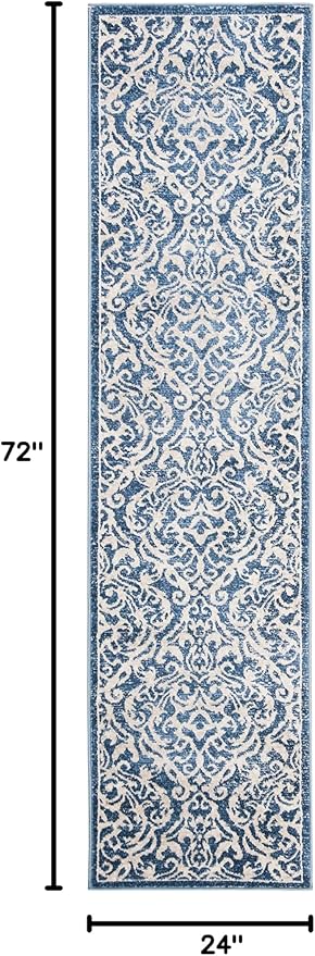 SAFAVIEH Brentwood Collection 2' x 6' Navy / Cream BNT810N Damask Non-Shedding Living Room Entryway Foyer Hallway Bedroom Runner Rug