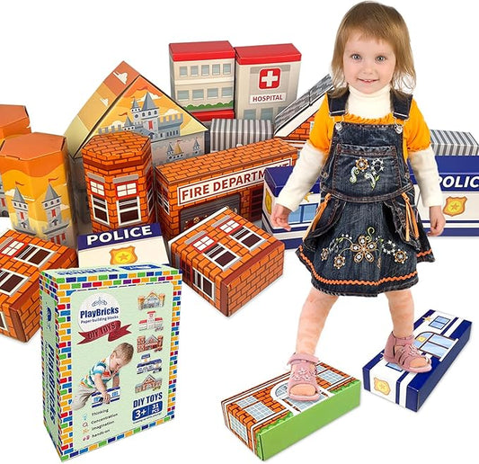 Cardboard Building Blocks, 31 Pack Cardboard Blocks for Kids Jumbo with 5 Building Designs, Thick Cardboard Pretend Brick Blocks for Building and Stacking Game