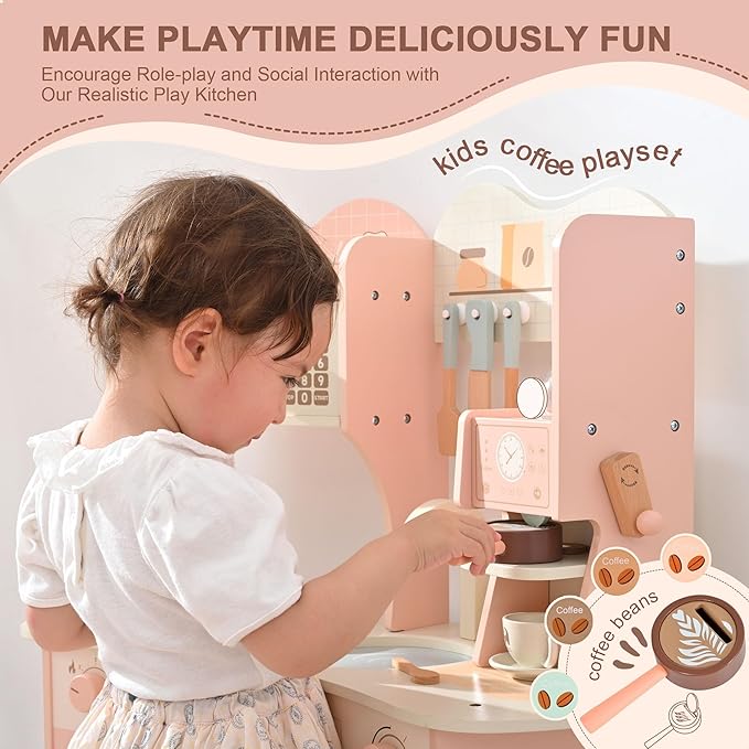 Wooden Play Kitchen Toy Set for Kids, Toddlers Pretend Toy Kitchen Playest, Sink with Faucet, Oven, Microwave, Cookware Accessories & Gifts for Age 1-6
