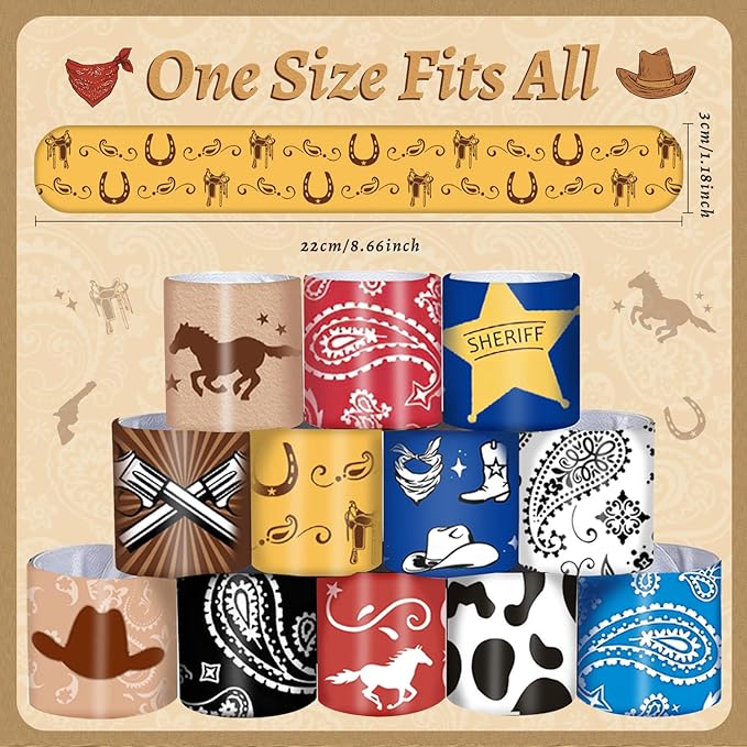 60PCS Western Party Favors Slap Bracelets Cowboy Cowgirl Bracelets Horse Wristbands for Western Themed Party Baby Shower Kids Birthday Party Supplies Decorations