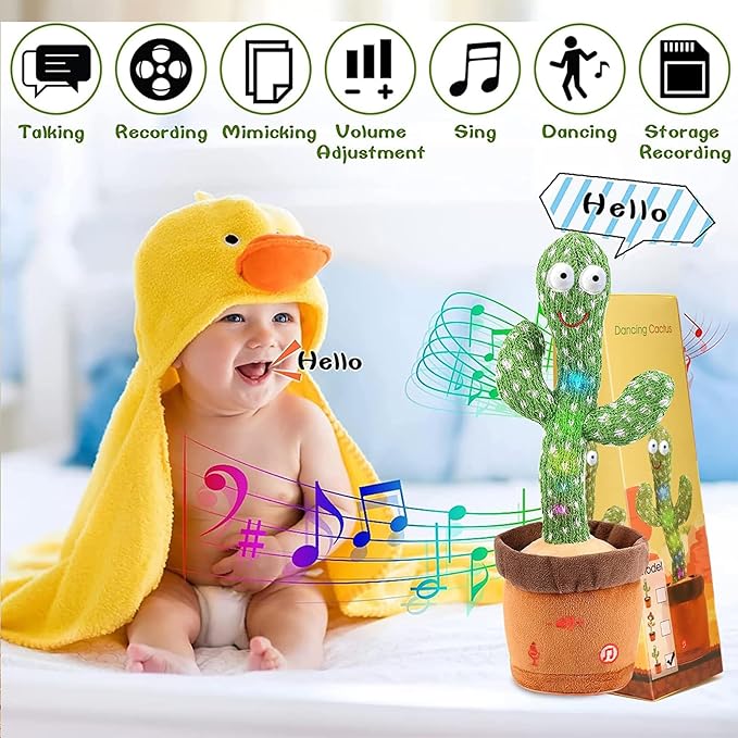 Dancing Talking Cactus Toy for Baby Boys Girls Toys, Adjustable Volume Dancing Cactus Toy Singing Mimicking Recording Repeating What You Say with LED English Sing Talking 15 Second Voice Recorder