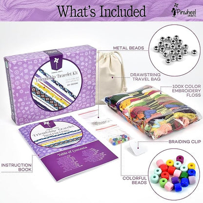 Pinwheel Crafts Friendship Bracelet Kit – DIY String Bracelet Making Kit for Girls 8-12 – 100 Floss, Colored/Metal Beads, Braiding Clip, Design Book – Jewelry Making Set for Girls Gift