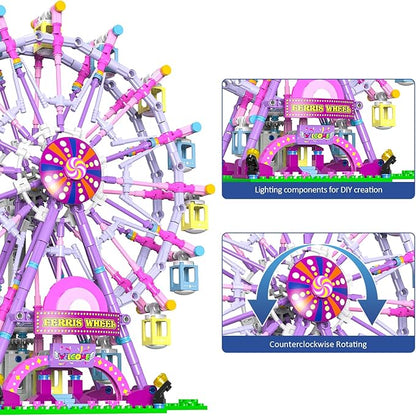 Ferris Wheel Building Block Set with Fairy Light, Two-Way Rotating Ferris Wheel Building Set 813 Pieces, Amusement Park Interlocking Blocks Toys for Ages 8-13, Gift Idea for Boys and Girls