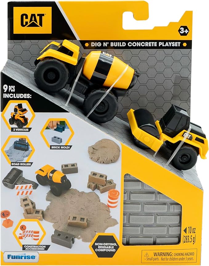 CAT Construction Toys, Dig N' Build Concrete Playset with 10 Oz of Compound, 2 Little Machine Vehicles, Ages 3+