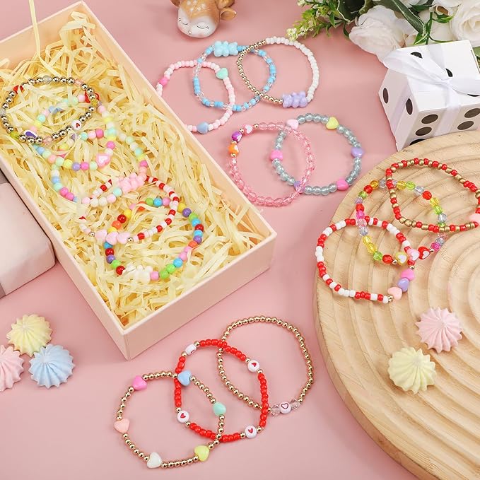 48 Pcs Valentine's Day Kids Friendship Bracelet Set Adjustable Beads Bracelets Cute Friendship Princess Pretend Play Bracelet Stretch Bracelet Preppy Bracelets Set for Girls Women(Heart)