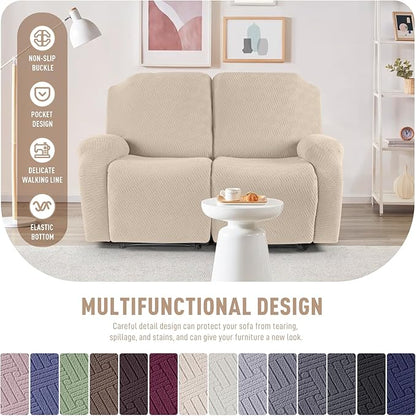 KinCam Recliner Covers, Stretch Reclining Chair Covers, Recliner Sofa Slipcovers Stripe Jacquard Recliner Couch Covers Furniture Protector Covers for Pet Kid (2 Seater, Vanilla)