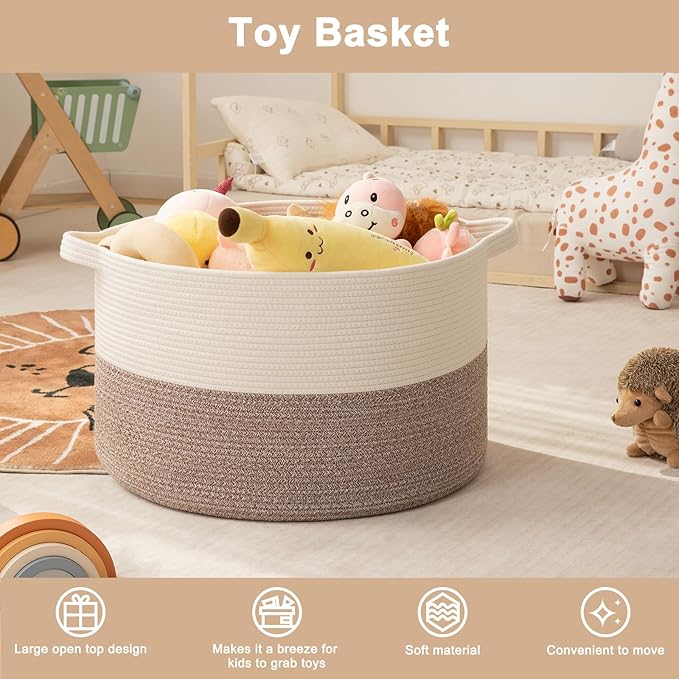 OIAHOMY Large Blanket Basket for Living Room, 19.7" x 12.6" Woven Cotton Rope Laundry Basket for Organizing Pillows, Decorative Stuffed Animal Toy Storage Bin for Nursery, White and Linen Brown