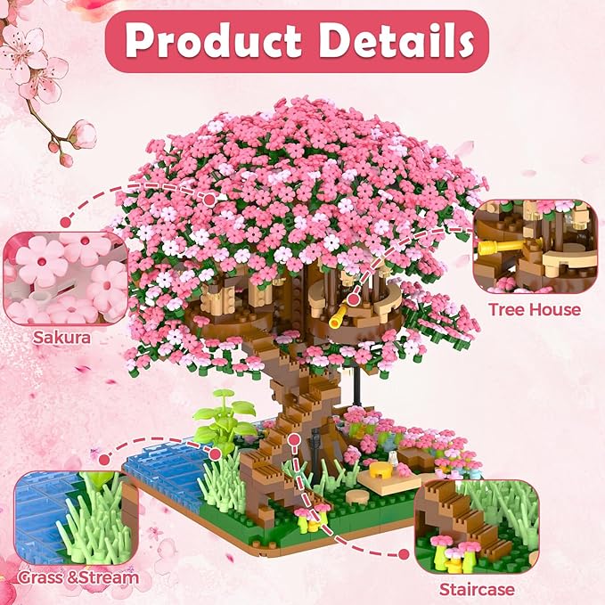 Peach Blossom Pond Micro Building Blocks Set Toys for Kids and Adults, Mini Cherry Bonsai Tree House with LED String Lights DIY Japanese Sakura Street Model Chinese Bricks Architecture Kit Teens Gift