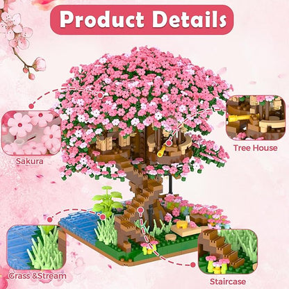 Peach Blossom Pond Micro Building Blocks Set Toys for Kids and Adults, Mini Cherry Bonsai Tree House with LED String Lights DIY Japanese Sakura Street Model Chinese Bricks Architecture Kit Teens Gift