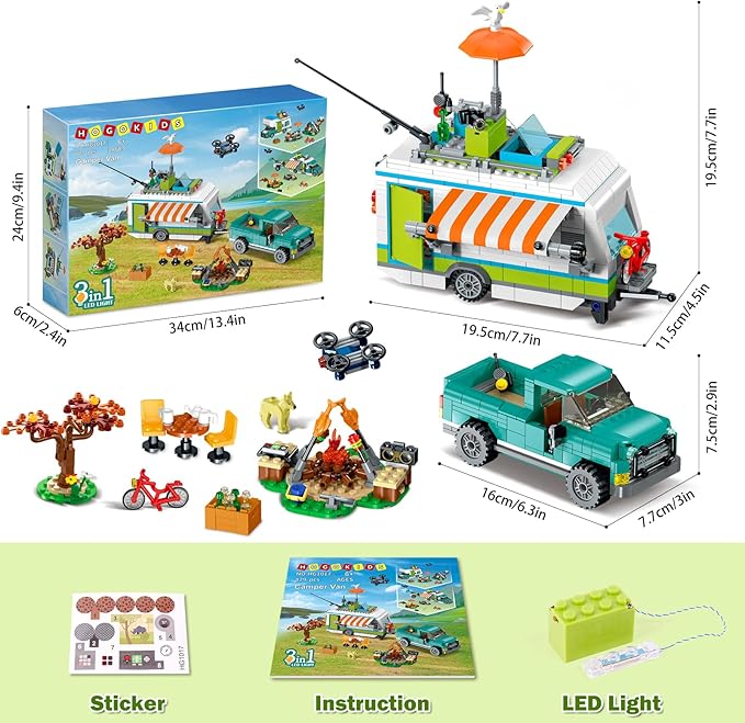 HOGOKIDS City Camper Van Building Set with LED Light - 3-IN-1 Holiday RV Camping Building Toy for Kids 879PCS with Tent BBQ Grill Vehicles Friends Creative Adventure Gift for Boys Girls 6-12 Years Old