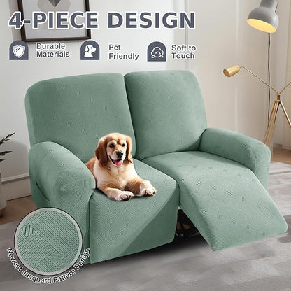 JIVINER Loveseat Recliner Covers, Jacquard 4 Piece Recliner Sofa Cover with Pockets Washable Lazy Boy Reclining Couch Protector with Elastic Bottom (Recliner Loveseat, Pea Green)