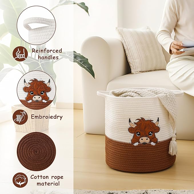 INough Large Blanket Baskets for Living Room, Highland Cow Storage Baskets for Toys Organizer Woven Cotton Rope Basket for Kids, Clothes Hamper with Embroidery Highland Cow Decor for Nursery Laundry