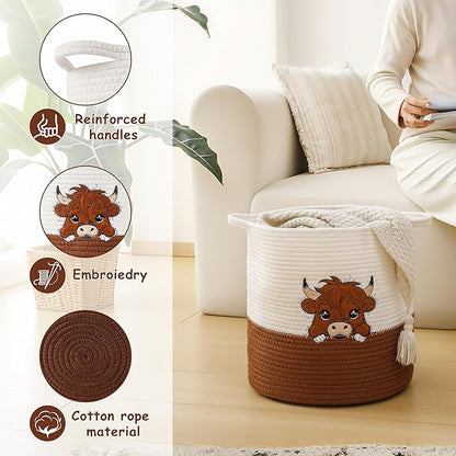 INough Large Blanket Baskets for Living Room, Highland Cow Storage Baskets for Toys Organizer Woven Cotton Rope Basket for Kids, Clothes Hamper with Embroidery Highland Cow Decor for Nursery Laundry