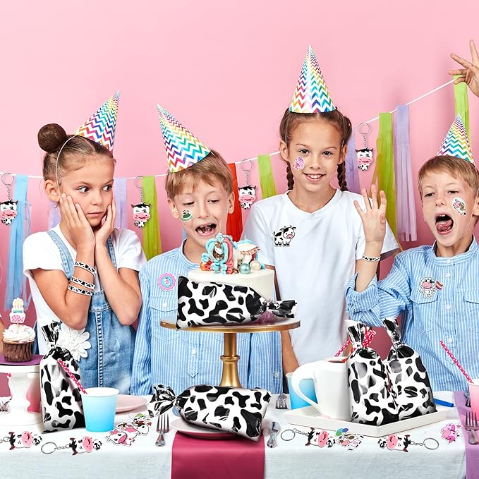 Chunful 148 Pcs Cow Party Favors Supplies Include Cute Cow Keychain Cow Print Gift Bag Elastic Cow Silicone Bracelets Cow Stickers Cow Animal Print Stickers for Kids Girl Shower Birthday(White)