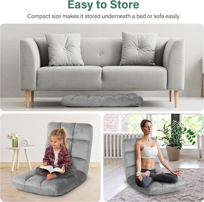 YSSOA Folding Floor Chair with Back Support Convertible Comfy Chair Game Memory Foam Padded Sleeper Recliner Sofa Chair for Bedroom Gaming Working Meditation Reading Adults Kids Grey