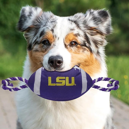 Pets First NCAA LSU Tigers Football Dog Toy, Tough Quality Nylon Materials, Strong Pull Ropes, Inner Squeaker, Collegiate Team Color, 1 Count (Pack of 1)
