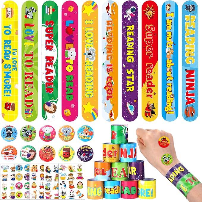 Frienda 65 Pcs Reading Gifts Bulk Love to Read Slap Bracelets Party Favors Inspirational Reading Stickers Pins Badge for Students Rewards Boys and Girls Sunday School Book Party Favor Supplies