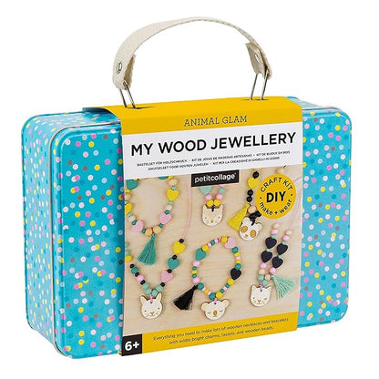 Petit Collage Animal Glam Wood Jewelry Set Craft Kit– Activity Set to Make Charm Bracelets and Necklaces for Women – Creative Toys for Ages 6+ – Ideal Crafts for Kids