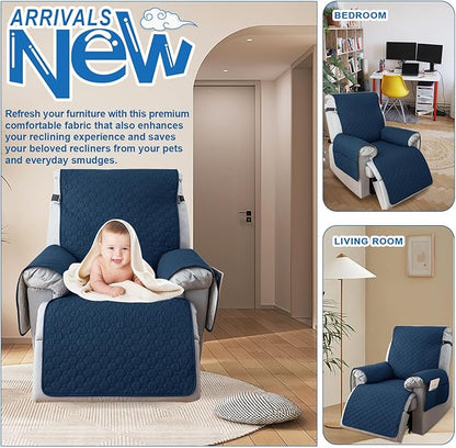 100% Waterproof Recliner Chair Covers That Stay in Place, Non-Slip Recliner Cover with 5 Pockets, Elastic Straps, Washable Reclining Chair Protector for Kids, Pets, Dogs, Dark Blue