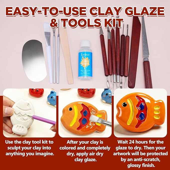 14PCS Clay Sculpting Tools, Complete Pottery Tools with Ergonomic Handles & 1.7FL OZ Air Dry Clay Glaze for Pottery Craft, Carving Ceramics, Molding Polymer Clay – Ideal for Artists, Beginners, Adults