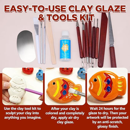 14PCS Clay Sculpting Tools, Complete Pottery Tools with Ergonomic Handles & 1.7FL OZ Air Dry Clay Glaze for Pottery Craft, Carving Ceramics, Molding Polymer Clay – Ideal for Artists, Beginners, Adults