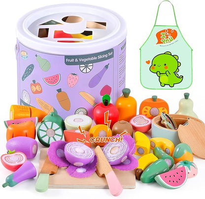 WHOHOLL Play Food Set for Play Kitchen Accessories, Wooden Toys Food Pretend Cutting Food with Apron, Montessori Toys for 1+ Years Old Girls Boys Eye-Protection Learning Resources