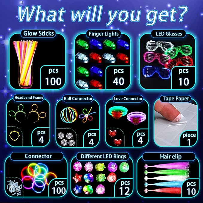 Glow in the Dark Party Supplies for Kids, Light Up Party Favors with 72 LED Light Up Toys, 100 Glow Sticks Bulk DIY Glow Necklaces Glasses Bracelets for Glow Party, New Year, Neon Party favors