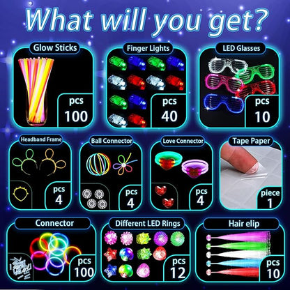 Glow in the Dark Party Supplies for Kids, Light Up Party Favors with 72 LED Light Up Toys, 100 Glow Sticks Bulk DIY Glow Necklaces Glasses Bracelets for Glow Party, New Year, Neon Party favors