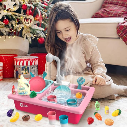 CUTE STONE Color Changing Play Kitchen Sink Toys, Children Electric Dishwasher Playing Toy with Running Water,Upgraded Real Faucet and Play Dishes,Pretend Role Play Toys for Kids Boys Girls