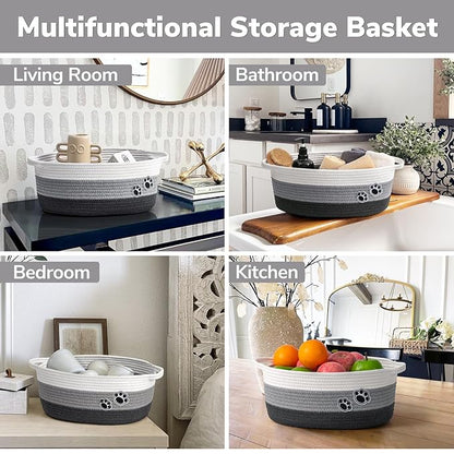 Dog Toy Basket Gift Basket Empty, Woven Storage Baskets for Towels, Cute Dog Storage Bins with Handles, Small Cotton Rope Baskets for Shelf, 13.6"x 10" x 6", Mixed-Gray