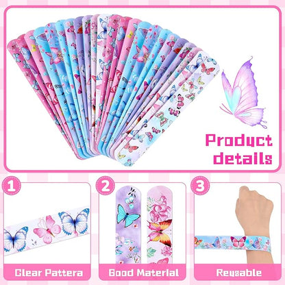 48 Pcs Butterfly Slap Bracelets Wristbands Toys Birthday Party Favors Kids Bracelets Snap Bands for Girls Butterfly Theme Birthday Party Decorations Supplies Class Prize Exchanging Gift, 12 Styles