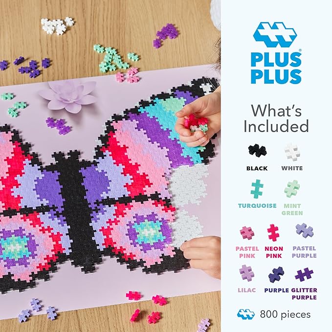Plus Plus Puzzle By Number, 800 Piece Mini Interlocking Hashtag Color Blocks, 3D Pixel Art Kit for Kids - Butterfly