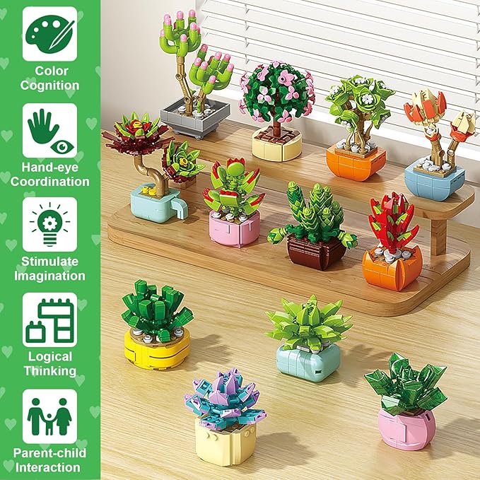 Valentines Day Gifts for Kids 6-12, 24 Pack Succulents Flower Bouquets Building Blocks with Gift Cards for School Classroom, Bulk Boy Girl Class Valentine Party Favors Exchange Gift Goodie Bag Stuffer